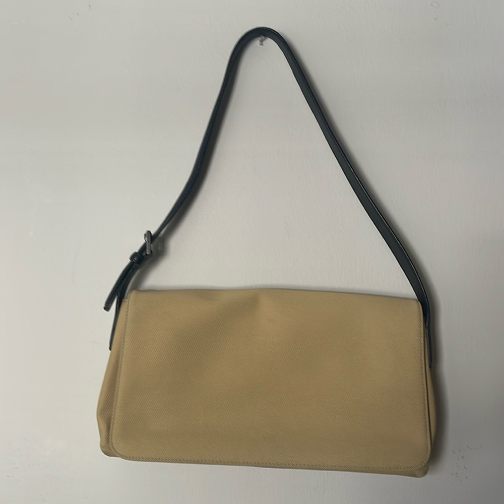 COACH tan fabric/black leather trim shoulder bag